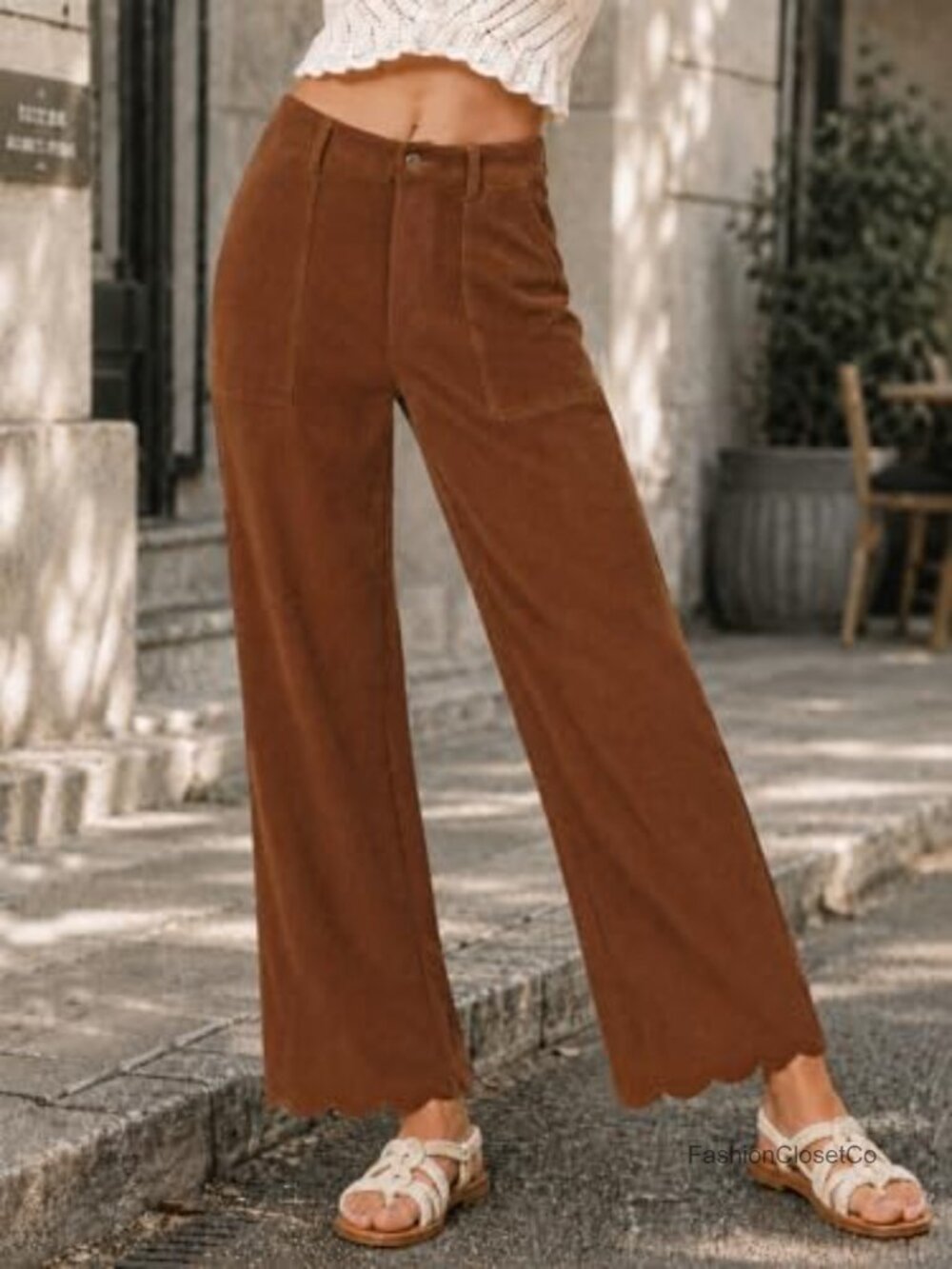 Corduroy Wide Leg Pants with Pockets High Waist Scalloped Hem - Picture 4 of 6